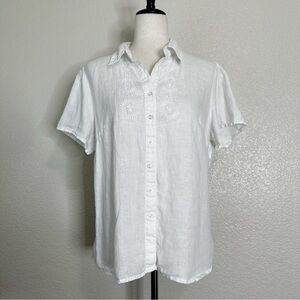 Ecologie 100% Linen White Embroidered Short Sleeves Button Down Shirt, Sz Large